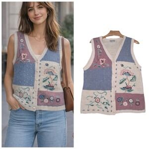 Gina Peters Embroidered Knit Sweater Vest Large Cottage core Prairie Country Vtg